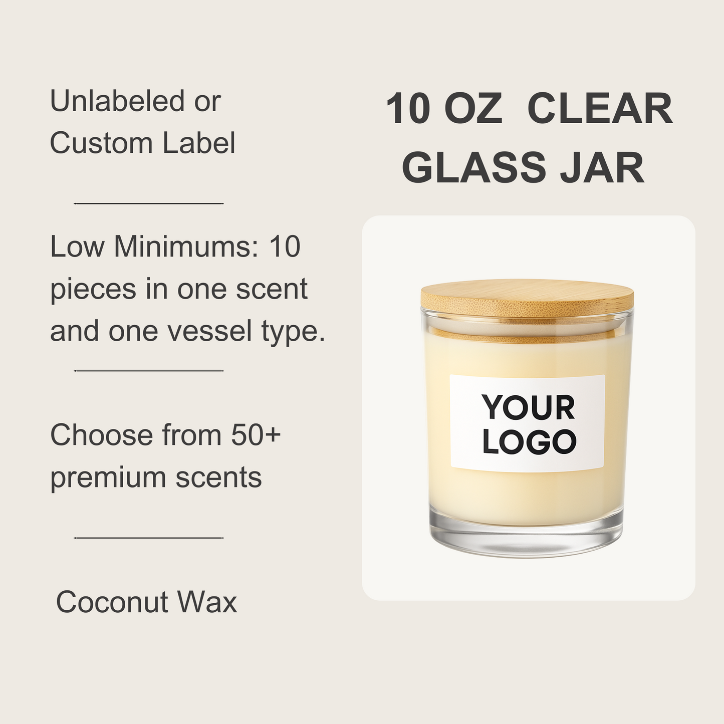 10 oz Glass Jar Coconut Candle (Unlabeled or Custom Label + Engraving)