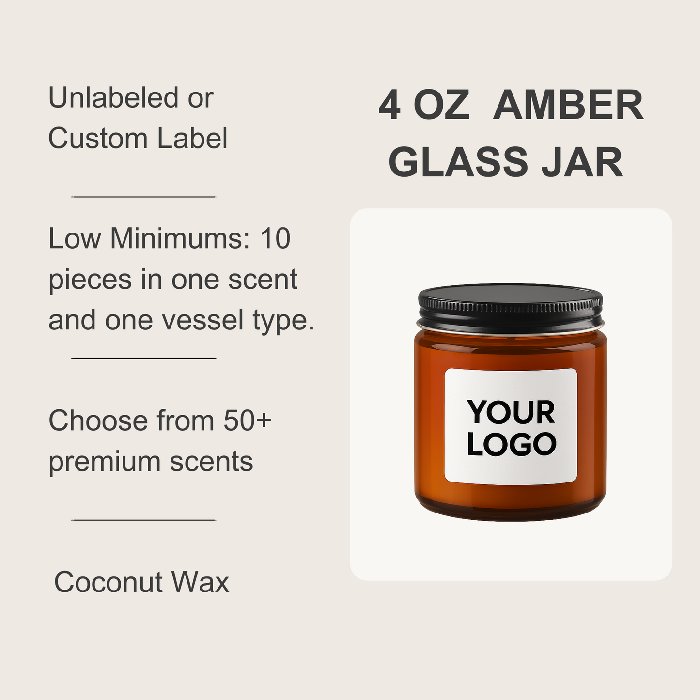 4 oz Amber Glass Jar Coconut Candle (Unlabeled or Custom Label)