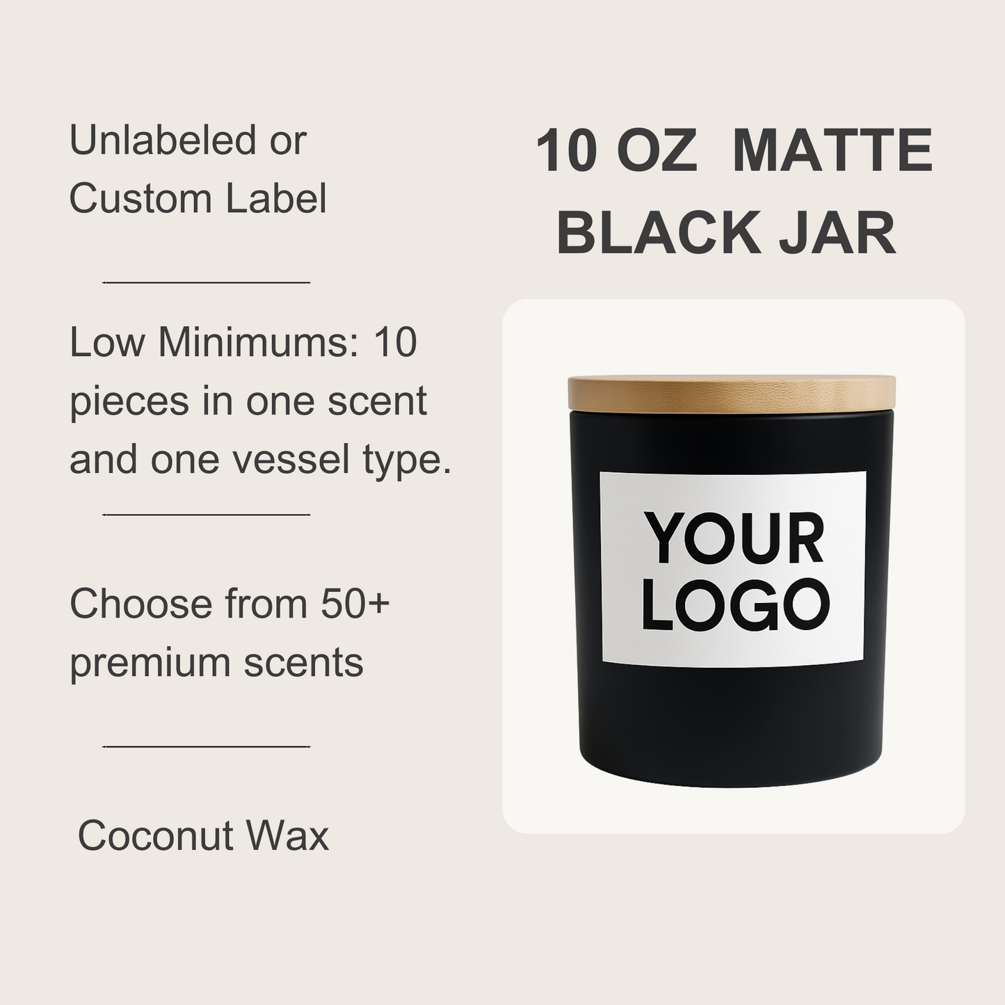 10 oz Matte Black Jar Coconut Candle (Unlabeled or Custom Label + Engraving)