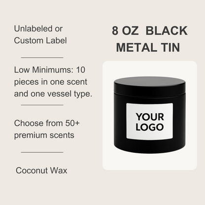 8oz Black - Straight Sided - Tin Coconut Candle (Unlabeled or Custom Label)