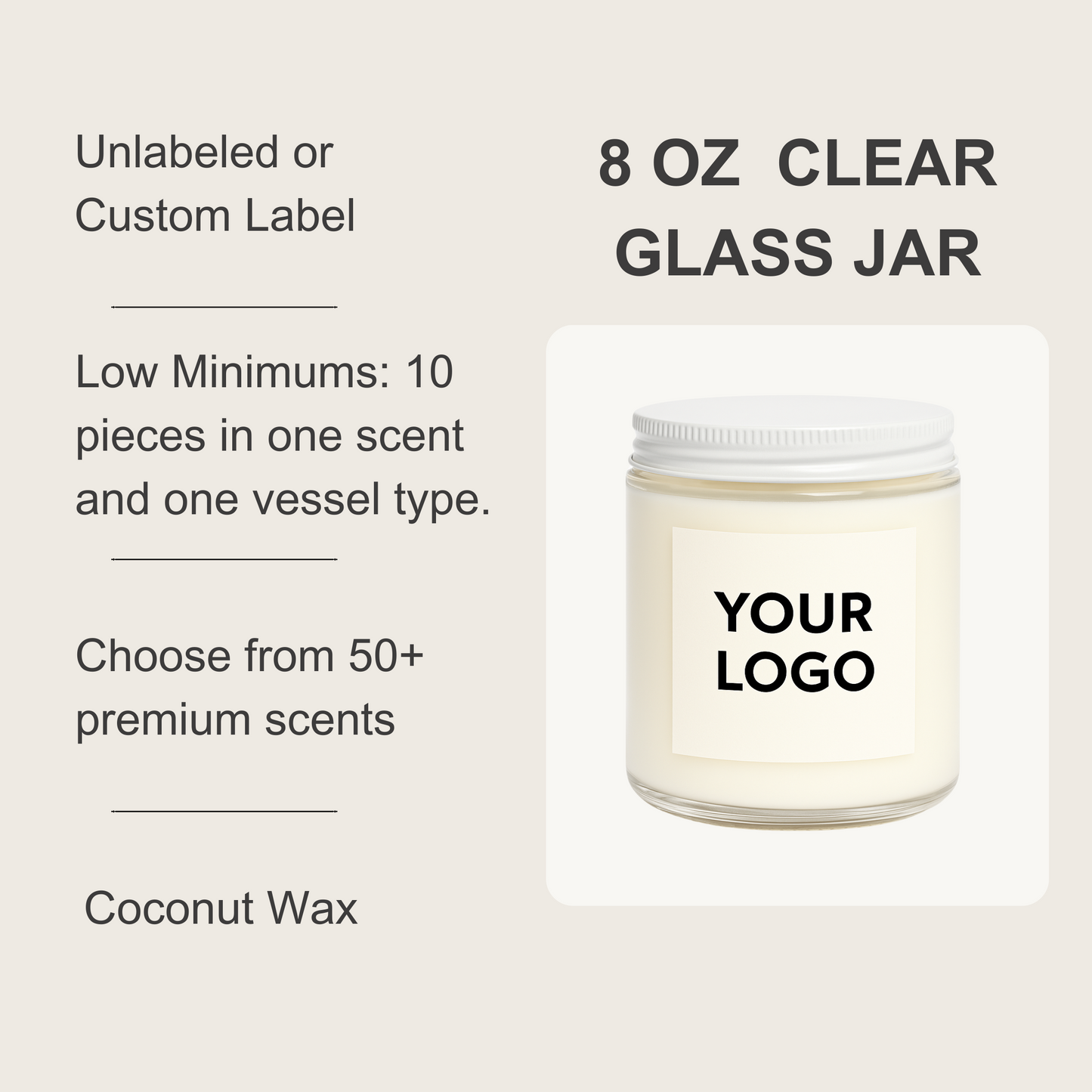 8 oz Clear Glass Jar White Lid Coconut Candle (Unlabeled or Custom Label)