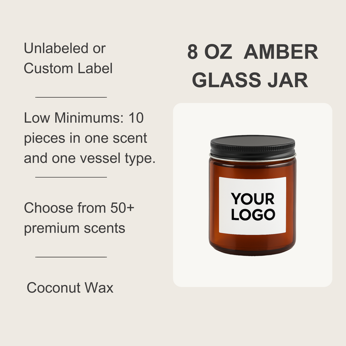 8 oz Amber Glass Jar Coconut Candle (Unlabeled or Custom Label)