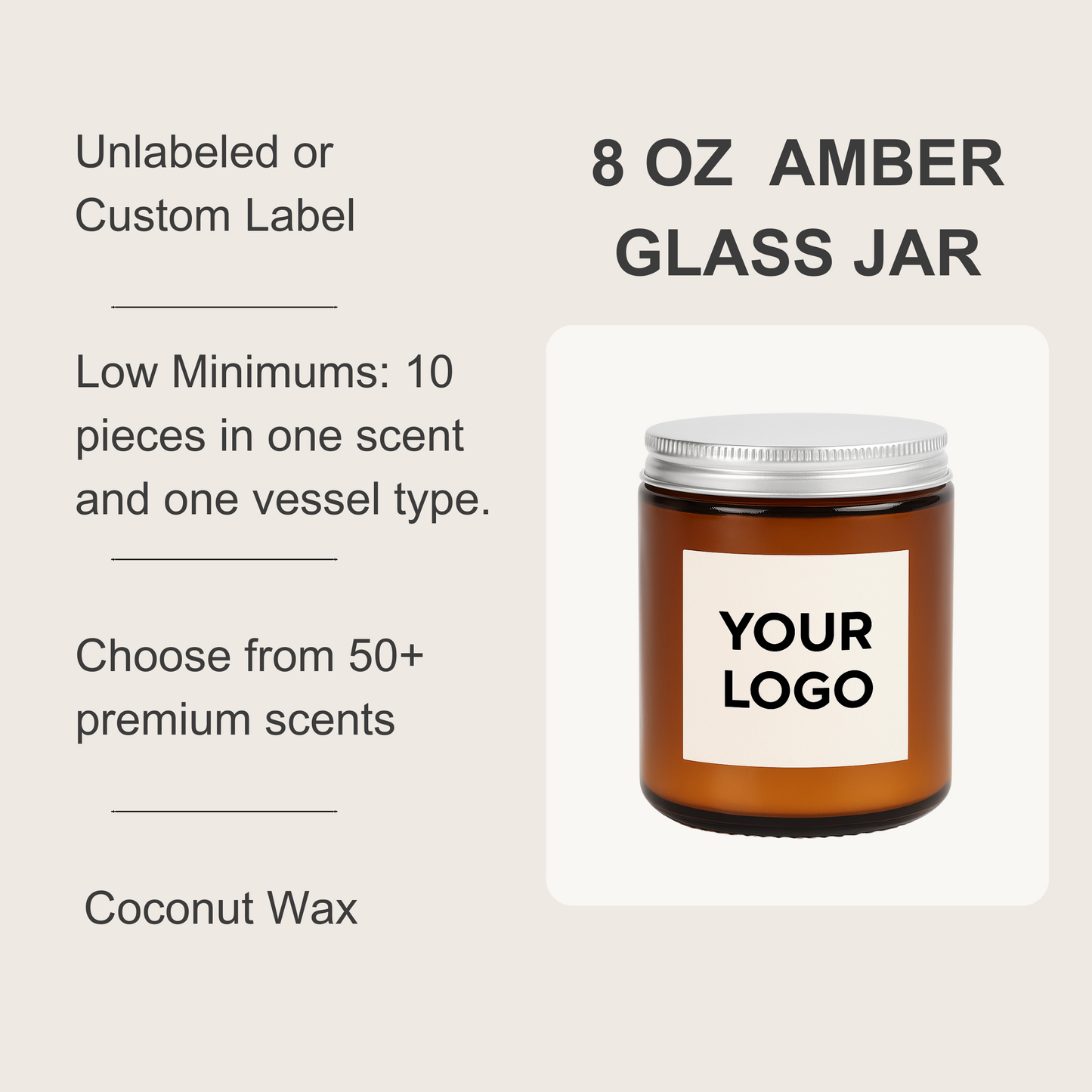 8 oz Amber Glass Jar Silver Lid Coconut Candle (Unlabeled or Custom Label)