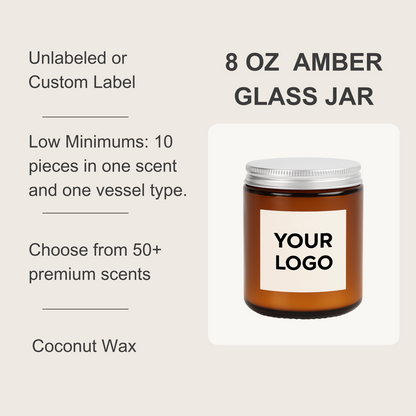 8 oz Amber Glass Jar Silver Lid Coconut Candle (Unlabeled or Custom Label)