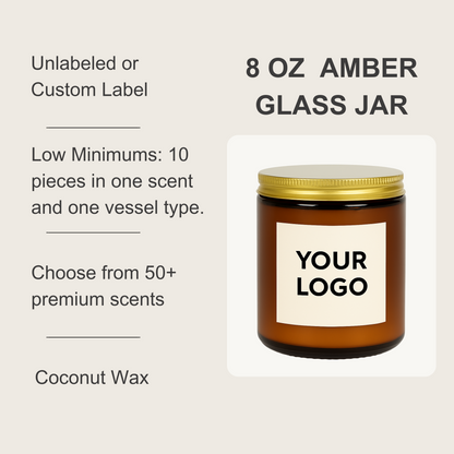 8 oz Amber Glass Jar Gold Lid Coconut Candle (Unlabeled or Custom Label)